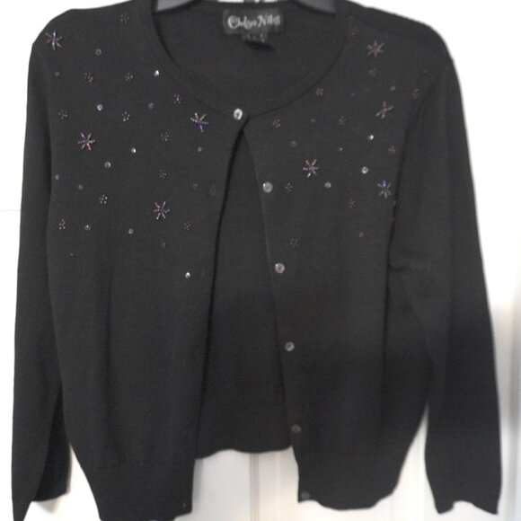 Vintage Y2K Iridescent Bead Black Chelsea Niles Cardigan Size L - Picture 2 of 5
